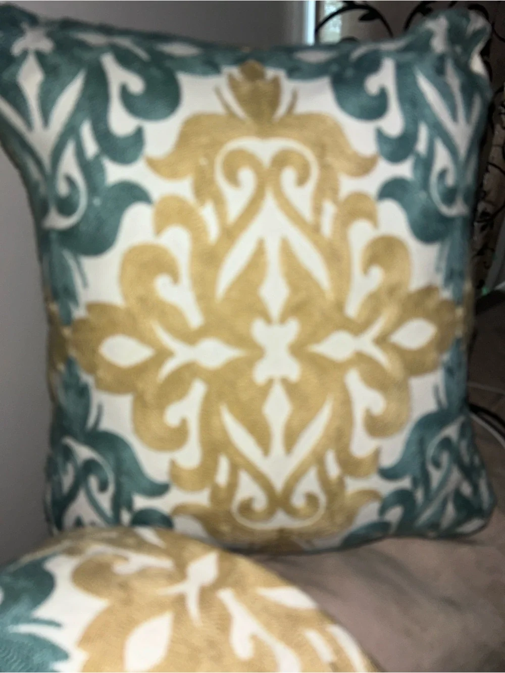GREEN GOLD OFF WHITE Damask Embroidered Cotton Canvas Pillow Covers Zipper (4)